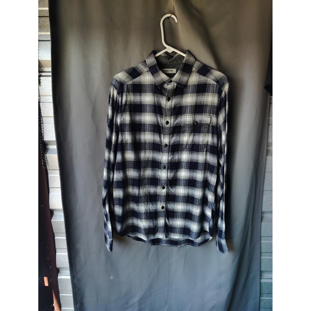 Reaction Kenneth Cole Mens Navy Blue White Plaid Long Sleeve Button Down Shirt L